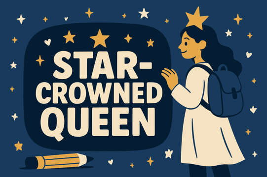 Star-Crowned Queen Design. Star-Crowned Queen banner, flat vector illustration, bold oversized text inside rounded blob banner, cartoon characters standing and