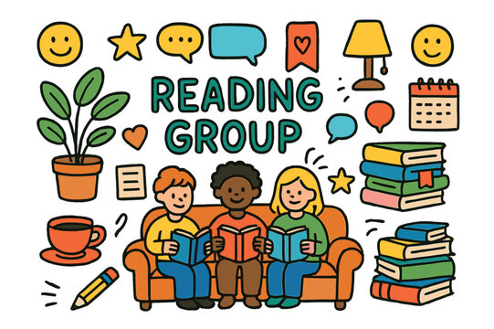 Cozy Reading Group. Reading group. Colorful Hand-drawn doodle Children illustration Reading group books, people chatting, tea cup, stack of novels, smiley