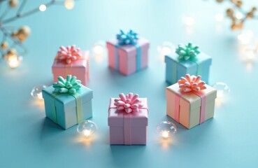 Obraz premium Colorful gift boxes with ribbons arranged on a light blue surface with fairy lights creating a festive atmosphere
