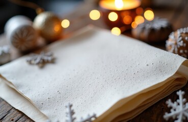 Fototapeta premium A blank sheet of paper with a textured surface lies on a wooden table decorated for the holidays