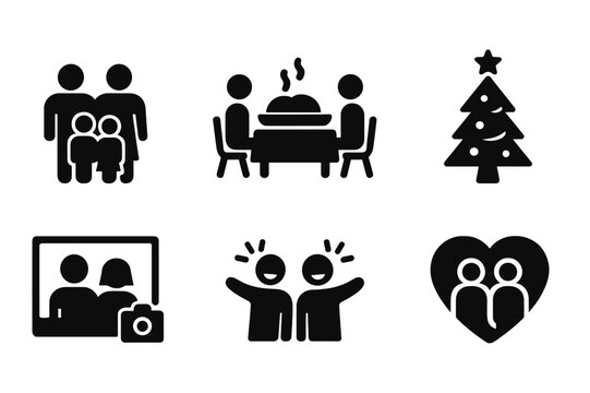 Family Traditions Icons. Family traditions. Filled icon set of family traditions: family group, shared meal,