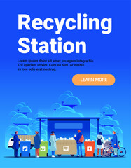 Recycling station people sorting waste colorful bins outdoor park truck trees modern environmental concept website banner