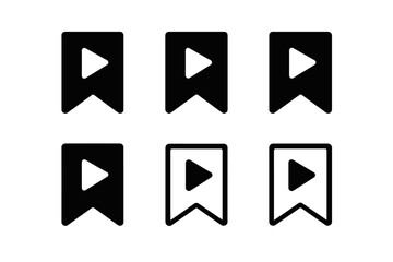 Podcast Impact Icons. The rise of podcasts and their cultural impact. Set Logo of bookmark tag with play icon: Symmetrical form, Negative space, Flat solid,