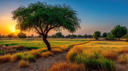 Serene Sunset Over Vibrant Agricultural Fields with Lush Greenery and a Lone Tree Stands in the Landscape