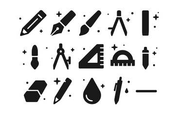 Drawing Tools Icons. Drawing Tools. Solid icons set of Drawing Tools: pencil, pen nib, brush tip, charcoal stick, blending stump, compass, ruler, protractor,