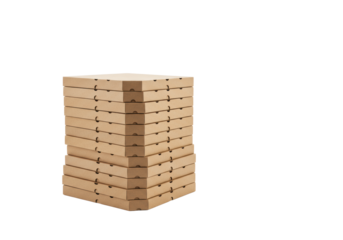 Tall stack of identical, empty, unbranded brown cardboard pizza boxes with half-moon cutouts, against a transparent background with copy space, food delivery concept