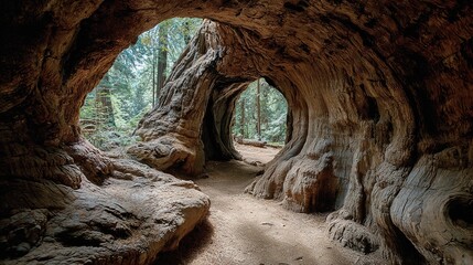 hollow. Ancient tree trunk with a natural hollow tunnel connecting interior and exterior. gardening catalogs, home-decor guides, designed for gardening and botanical catalogs, used by researchers.