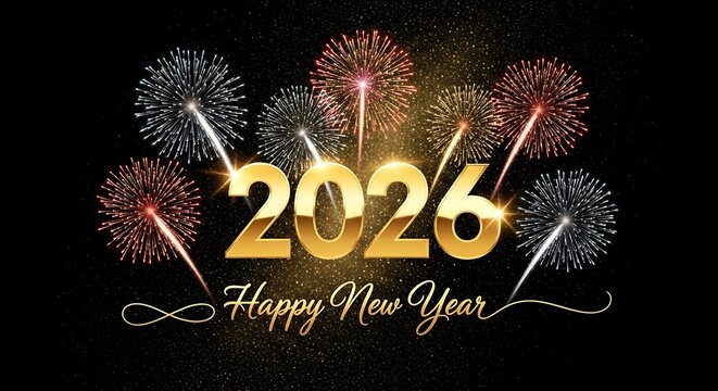 Happy new year 2026 celebration with golden text and colorful fireworks