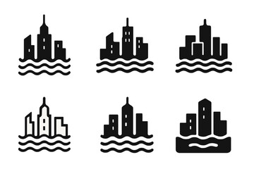 Obraz premium Flooded Skyline Logos. Climate change effects. Set Logo of Climate change effects: flooded city skyline with rising water. Icon set. harmonious logo variations