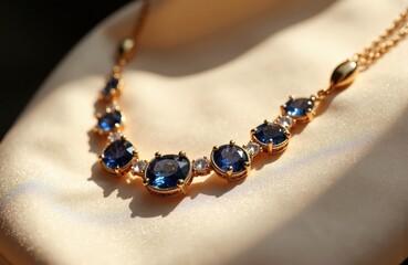 A close-up of a gold necklace with large blue gemstones resting on a satin surface