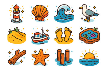 Fototapeta premium Coastal Sunrise Icons. coastal sunrise. Colorful isometric vector icons set of coastal sunrise: lighthouse, seashell, crashing wave, seagull, sandy dunes,