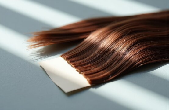 A close-up of a hair extension or wig with shiny, smooth, brown strands on a light background