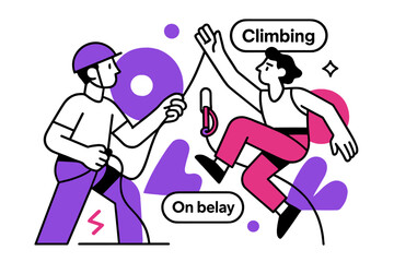 Obraz premium Dynamic Climbing Duo. Belay & Clip Under Pressure. Belayer feeds rope, device hums; above, a climber reaches past a quickdraw with laser focus. ?On belay /