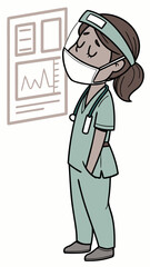 Obraz premium Tired nurse wearing face shield and scrubs with closed eyes in hospital 