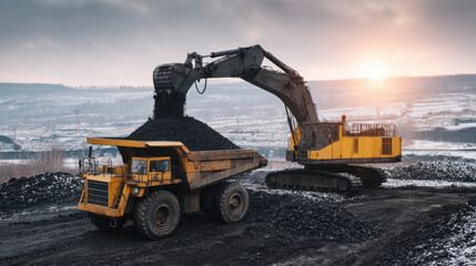 Large mining excavator loading coal into a dump truck under winter sunlight in an open pit mine