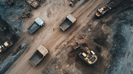 Aerial view of a large mining site with dump trucks and excavators moving earth and minerals on dusty terrain