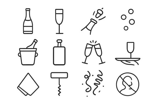 Celebration Icons Set. Champagne and Toasts. Line icon set of Champagne and Toasts: champagne bottle, flute glass, popping cork, bubbles, ice bucket, chiller