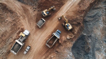 Aerial view of an open pit mining site with multiple excavators and dump trucks working on red earth terrain