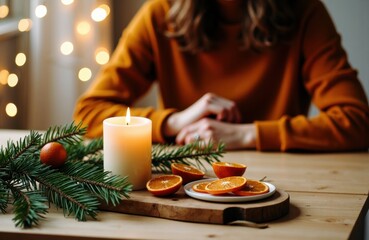 Woman preparing festive orange slices with candle and holiday decorations on wooden table