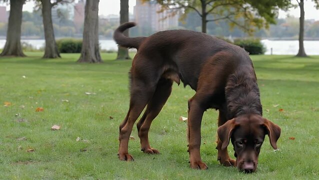 Labrador Retriever Canine Defecating in a Lush Green Public Recreational