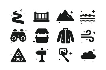 Iconic Overlook Experience. Mountain and sea overlook ride. Solid icons set of Mountain and sea overlook ride: switchback road, overlook railing, mountain