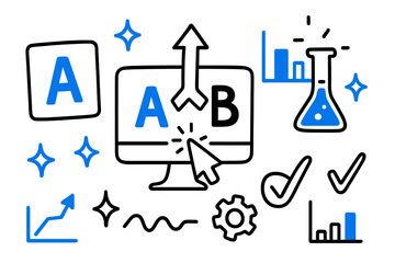 A_B Testing Doodles. // A/B testing. Hand-drawn doodle illustration A/B testing [A card (accented), B card (accented), split arrow (accented), monitor, cursor