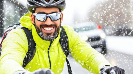 Smiling male cyclist in bright yellow jacket and helmet riding through falling snow on a winter day, active and happy.