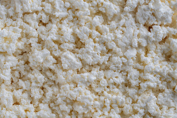 White cottage cheese or fresh milk curd as background, closeup, top view. Homemade cottage cheese texture