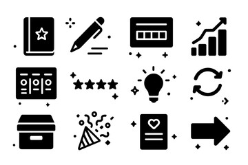 Goal Reflection Icons. Reflection and goal review. Solid icons set of Reflection and goal review: reflection journal, pen, weekly review card, progress chart,