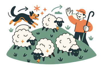 Obraz premium Playful Pastoral Scene. Grazing sheep. Woolly shapes nibble a green hillside as bells ping like tiny stars; a shepherd waves ?Hello, meadow!?. A playful dog