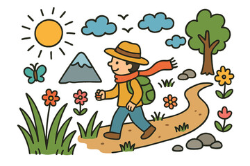 Naklejka premium Whimsical Nature Walk. nature walk. Colorful Hand-drawn doodle Children illustration nature walk person, tall grass, wind, mountain, clouds, sun, birds,