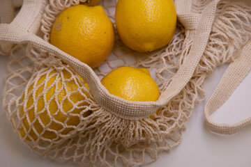 Trendy Lemon Flat Lay for Branding – Minimal Aesthetic with Mesh Bag
