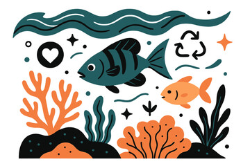Vibrant Marine Ecosystem. Ecology. Ocean with coral reefs, fish, and abstract floating waves, icons, and sparkles; conveys marine life, conservation, and