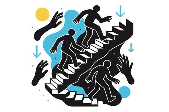 Endless Shadowy Descent. Eternal Descent. Shadowy figures stepping down an endless staircase that twists into darkness. Hands reach from negative space as