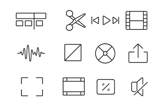 Video Editing Icons. Video Editing. Line icon set of Video Editing: timeline, playhead, scissors cut, playback controls, clip segment, sound wave, transition