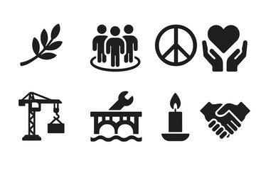 Peace Icons Collection. Peacebuilding efforts. Filled icon set of peacebuilding efforts: olive branch, group