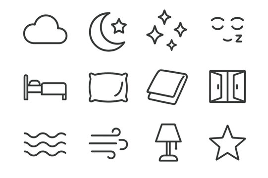 Dreamy Night Icons. Dreamy Nights. Line icon set of Dreamy Nights: cloud, crescent moon, stars, sleeping face, bed, pillow, blanket, open window, breeze lines,