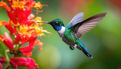 Obraz premium Hummingbird With Iridescent Green And Blue Plumage Hovering Near Bright Orange And Red Flowers In A Lush Green Garden With Soft Natural Light And Bokeh Background