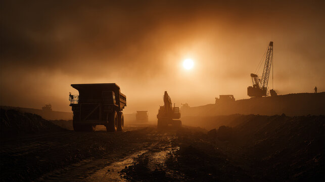 Dusty mining site at sunset with silhouettes of trucks, excavators, and cranes against an orange sky