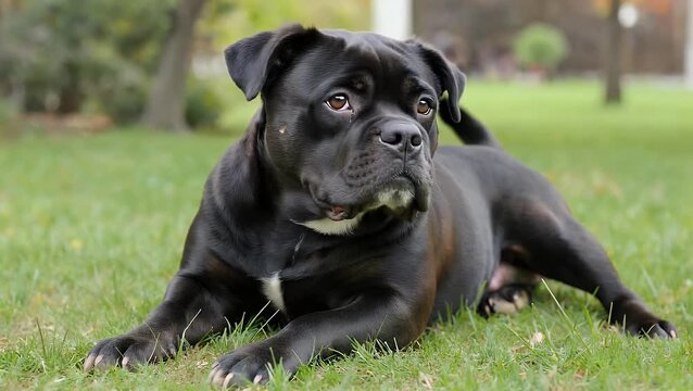 of a Black Colored Old English Bulldog Sitting on the Grassy Ground in a Park During the