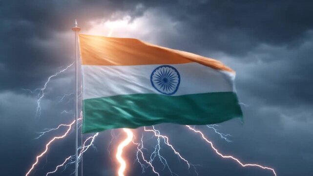 National flag with three horizontal bands flying in the wind against a stormy sky with lightning