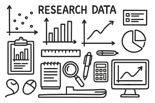 Research Data Doodles. Research Data. Hand-drawn doodle illustration Research Data scatter plot, bar chart, line graph, pie chart, axes, clipboard, trend line,
