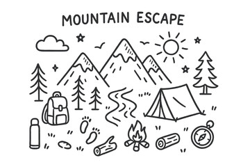 Fototapeta premium Mountain Adventure Sketch. Mountain escape. Hand-drawn doodle illustration mountain escape peaks, tent, campfire, stream, pine trees, backpack, compass, sun,