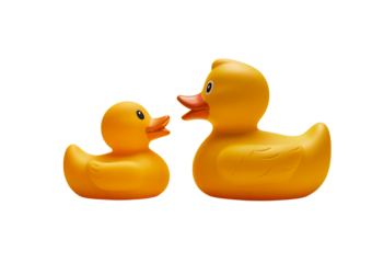Two bright yellow rubber ducks facing each other with a deep black background isolation