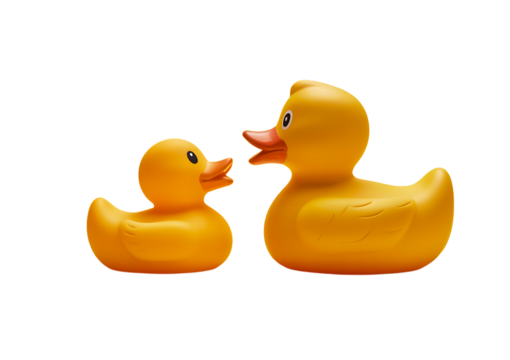 Two bright yellow rubber ducks facing each other with a deep black background isolation