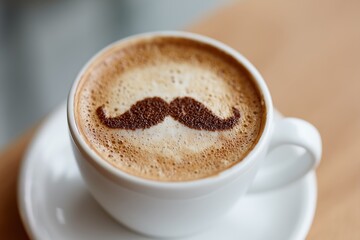 Fototapeta premium Cappuccino in a white ceramic cup with a cocoa mustache design on creamy foam, placed on a saucer over a light wooden table with soft natural light in the background