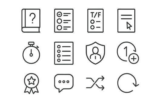 Assessment Icon Set. Assessments and quizzes. Line icon set of assessments: question bank, multiple choice, true false, short answer, timer, answer sheet,