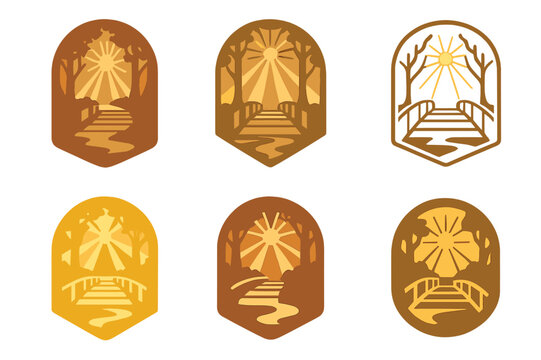 Symbolic Path Logos. symbolic path leading through the woods, filled with light. Set Logo of symbolic path leading through the woods, filled with light: Wooden