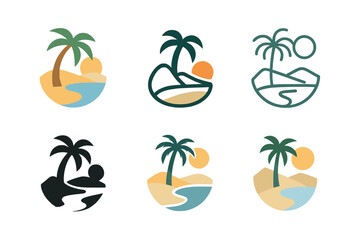 Desert Oasis Icons. Wildlife habitats. Set Logo of wildlife habitats: desert oasis. Icon set. harmonious logo variations of the same emblematic concept, each