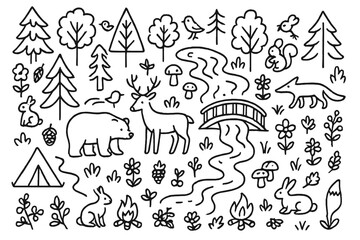 Obraz premium Forest Wildlife Doodle. Forest. Hand-drawn doodle illustration Forest trees, bears, deer, squirrels, birds, rabbits, foxes, mushrooms, flowers, berries,